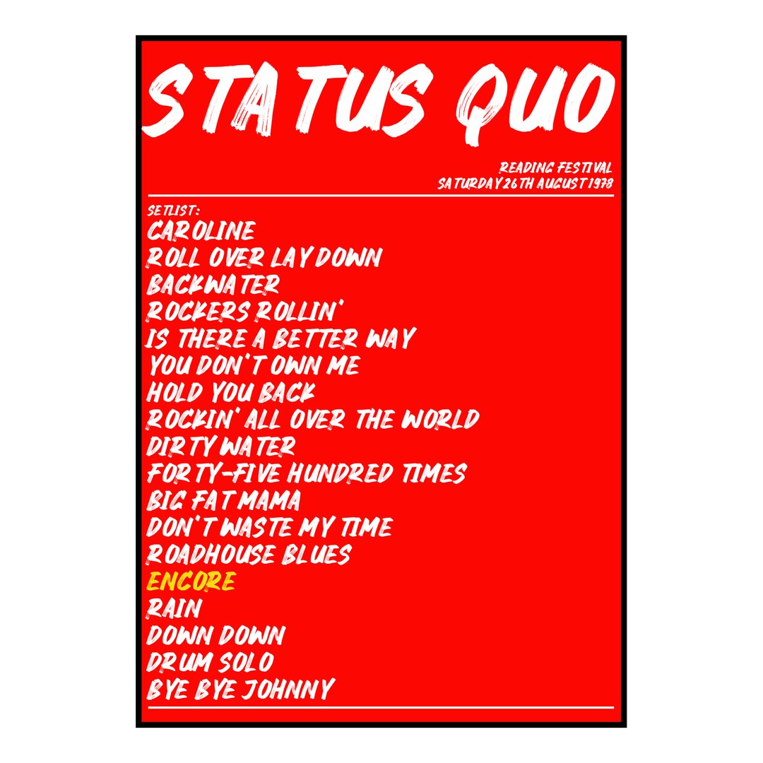 Status Quo Reading 26th August 1978 Setlist poster