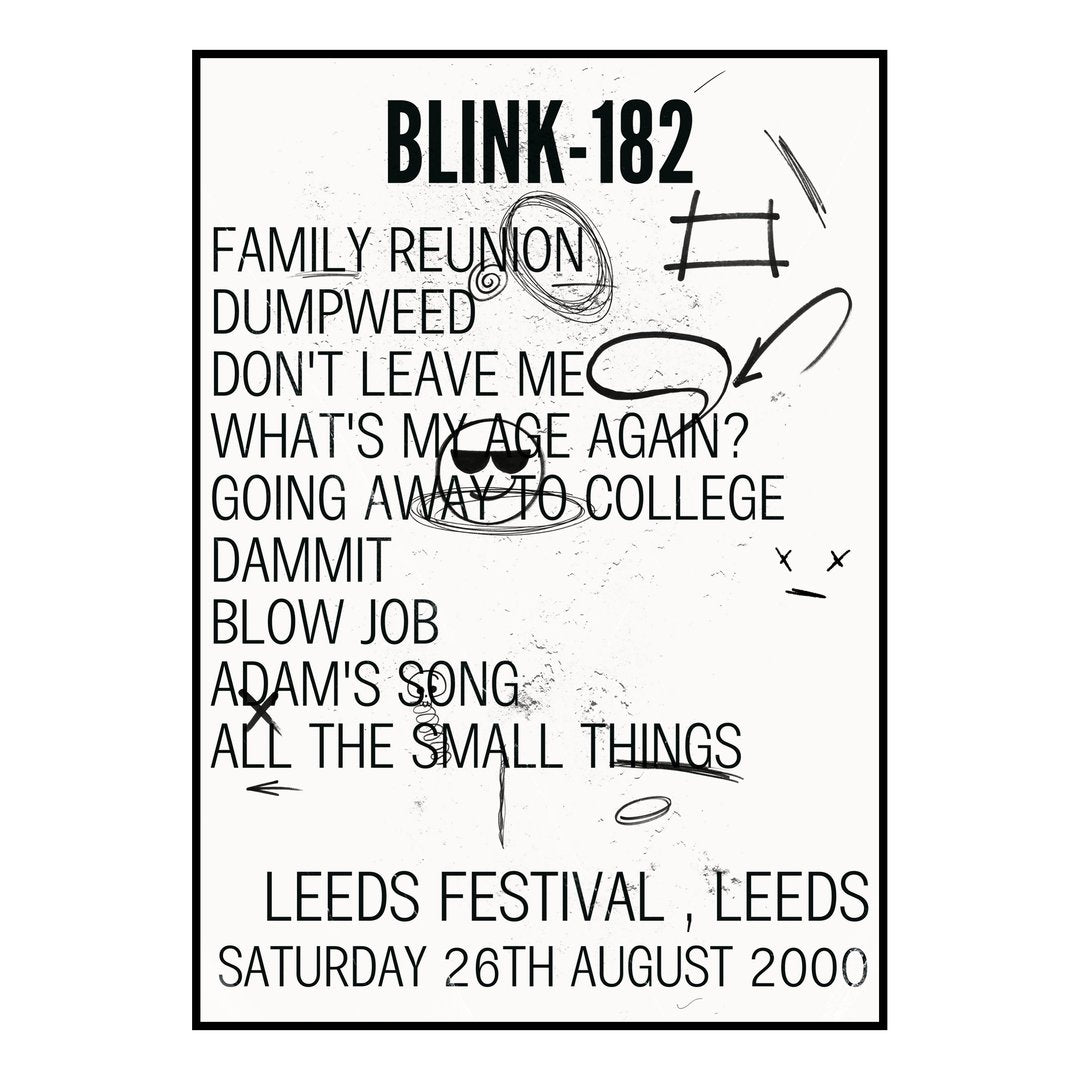 blink‐182 Leeds 26th August 2000 Setlist poster