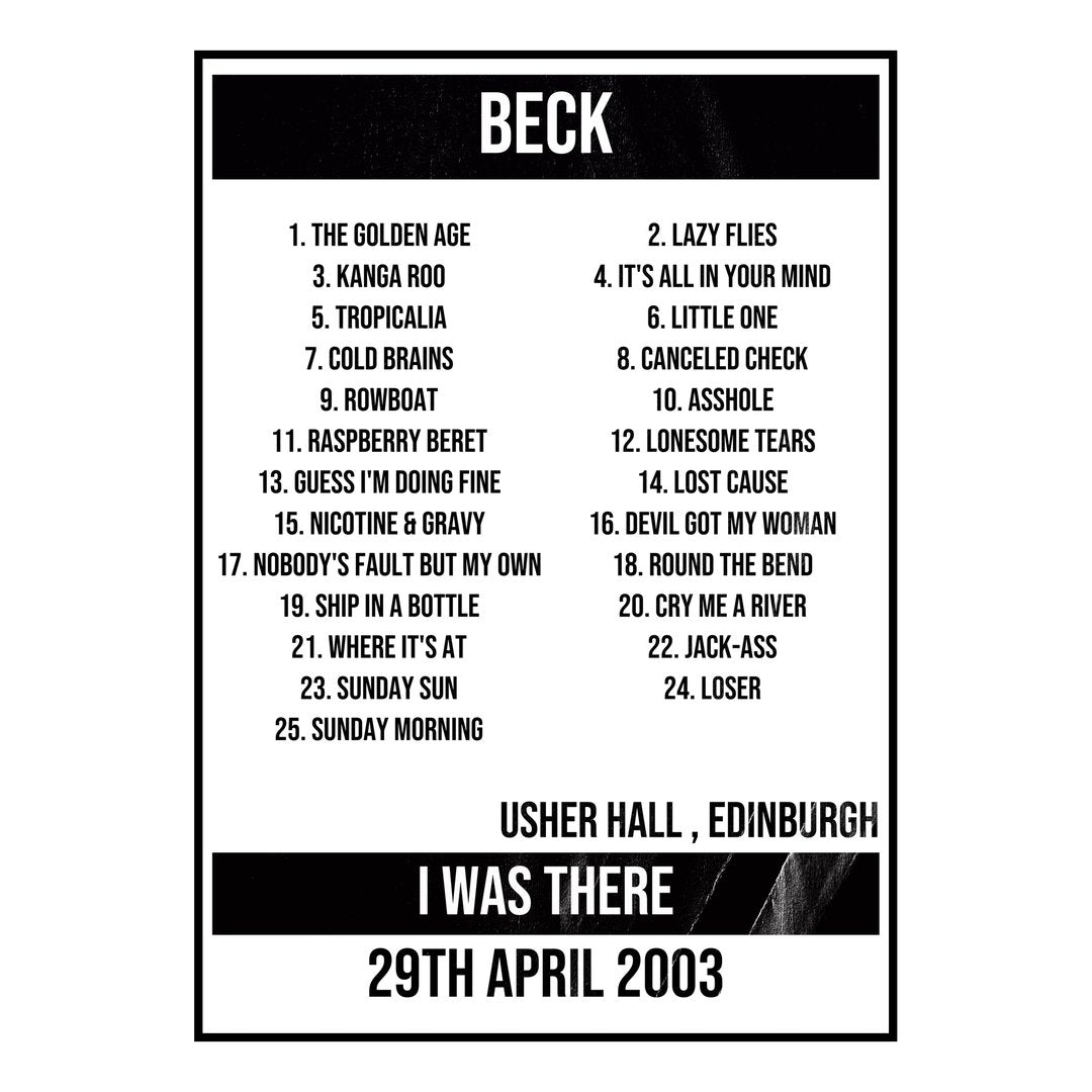 Beck Edinburgh 29th April 2003 Setlist poster