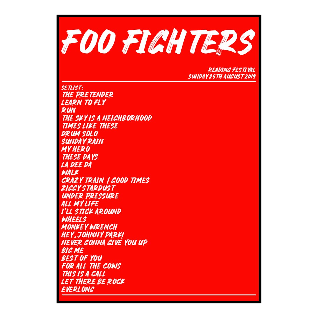 Foo Fighters Reading 25th August 2019 Setlist poster