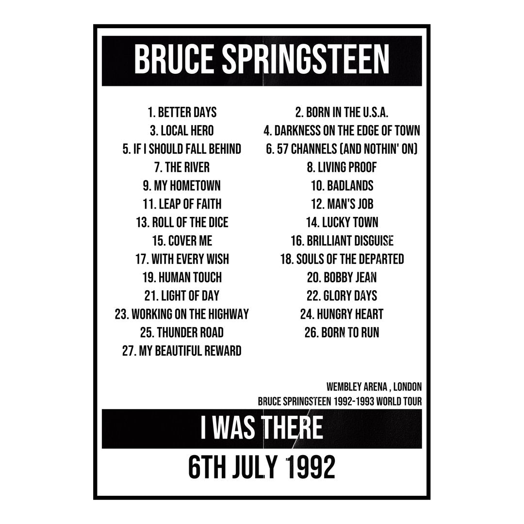 Bruce Springsteen London 6th July 1992 Setlist poster