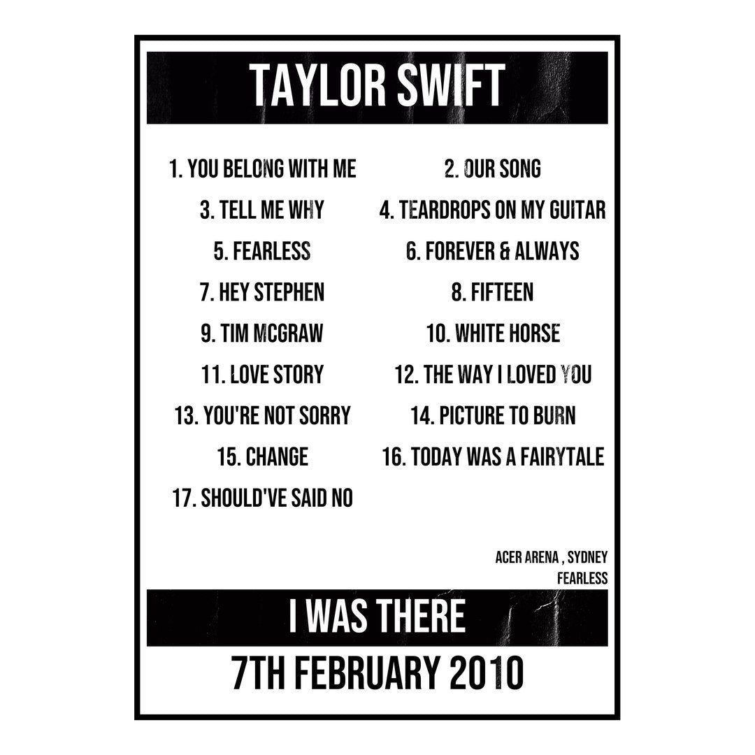 Taylor Swift Sydney 7th February 2010 Setlist poster