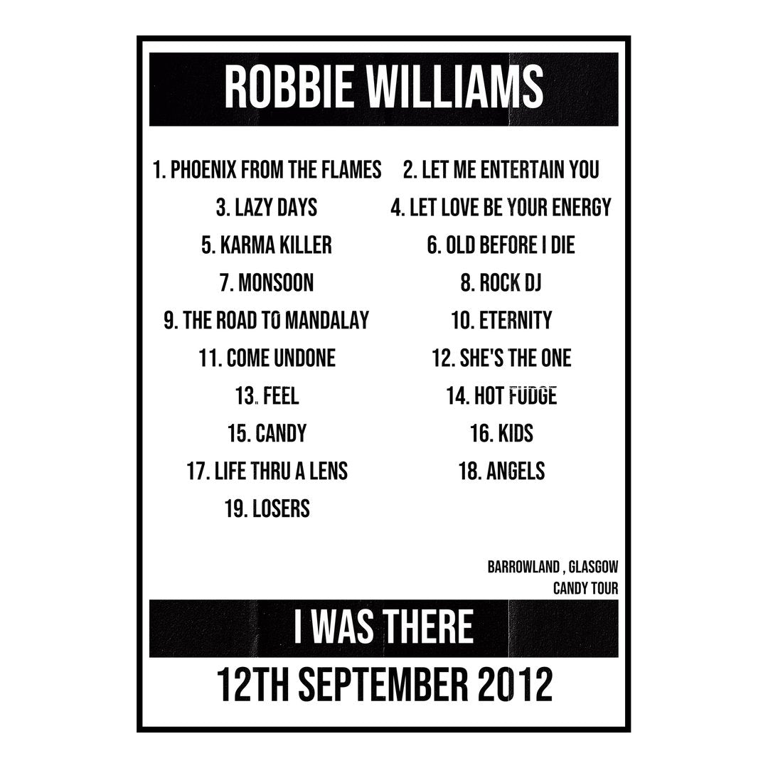 Robbie Williams Glasgow 12th September 2012 Setlist poster