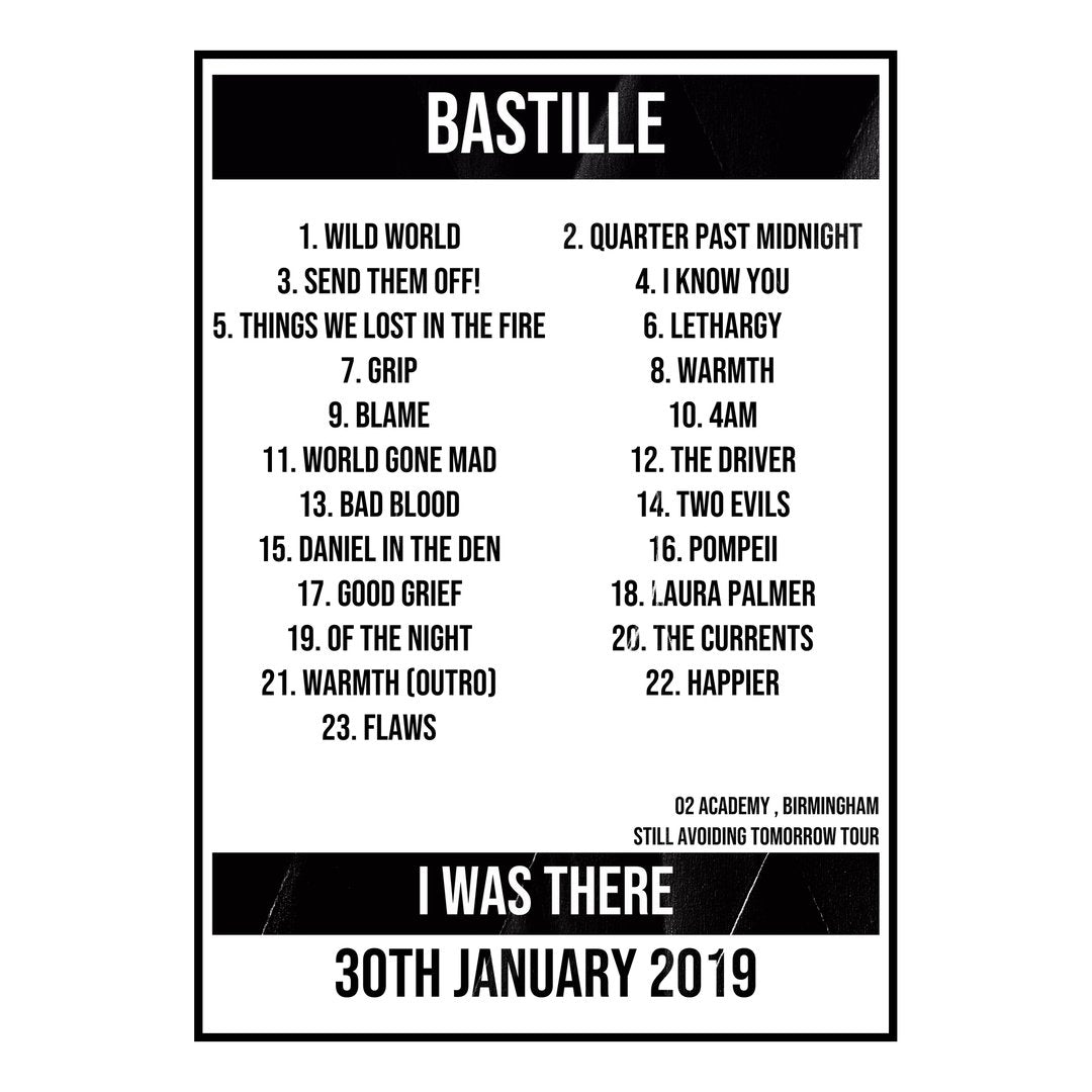 Bastille Birmingham 30th January 2019 Setlist poster