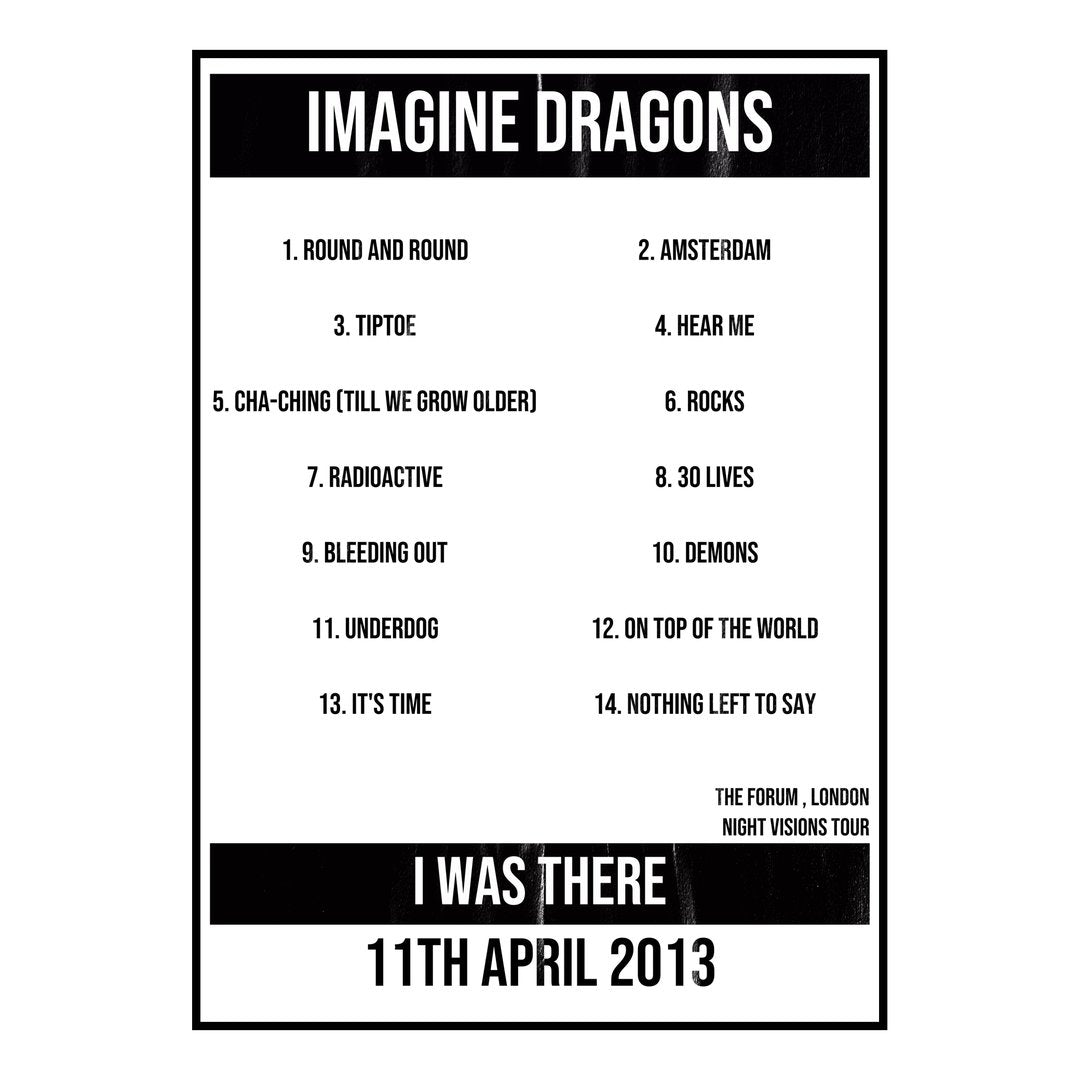 Imagine Dragons London 11th April 2013 Setlist poster