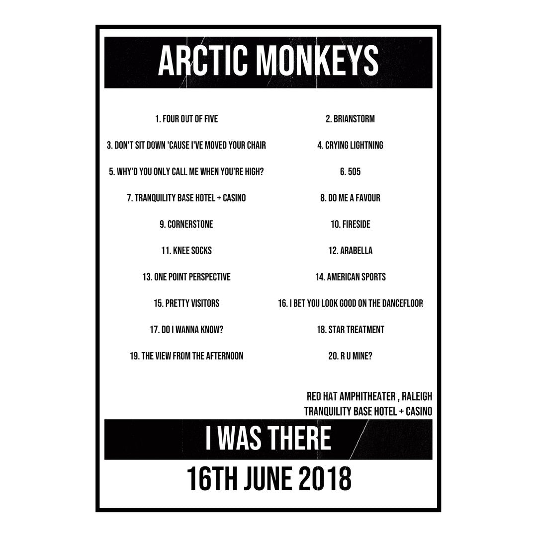 Arctic Monkeys Raleigh 16th June 2018 Setlist poster