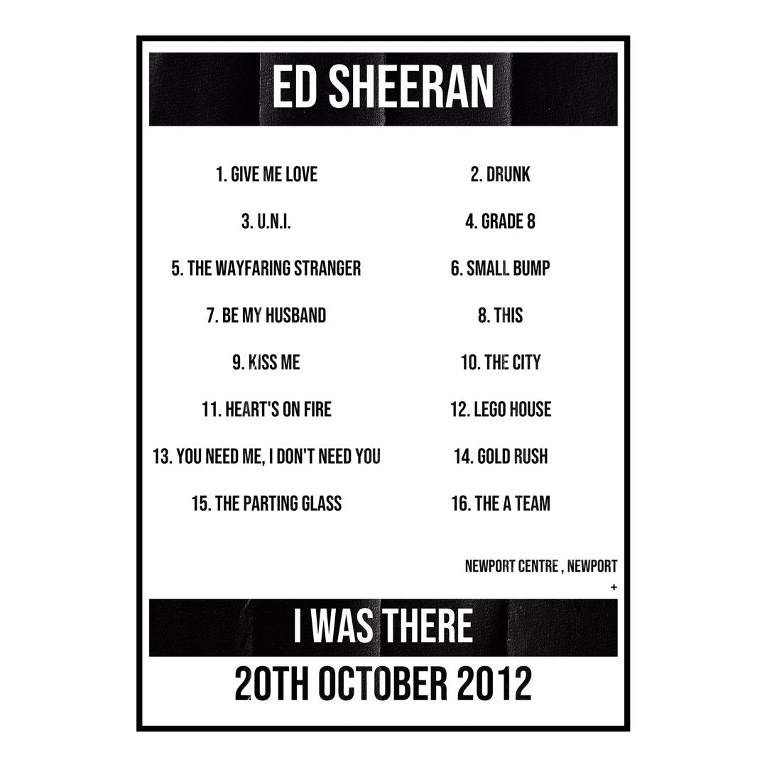 Ed Sheeran Newport 20th October 2012 Setlist poster