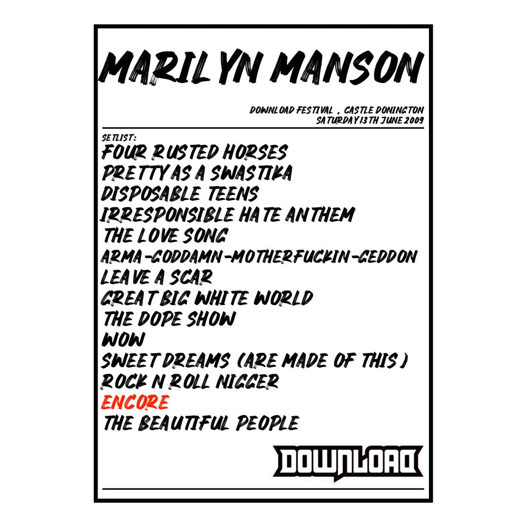 Marilyn Manson Castle Donington 13th June 2009 Setlist poster