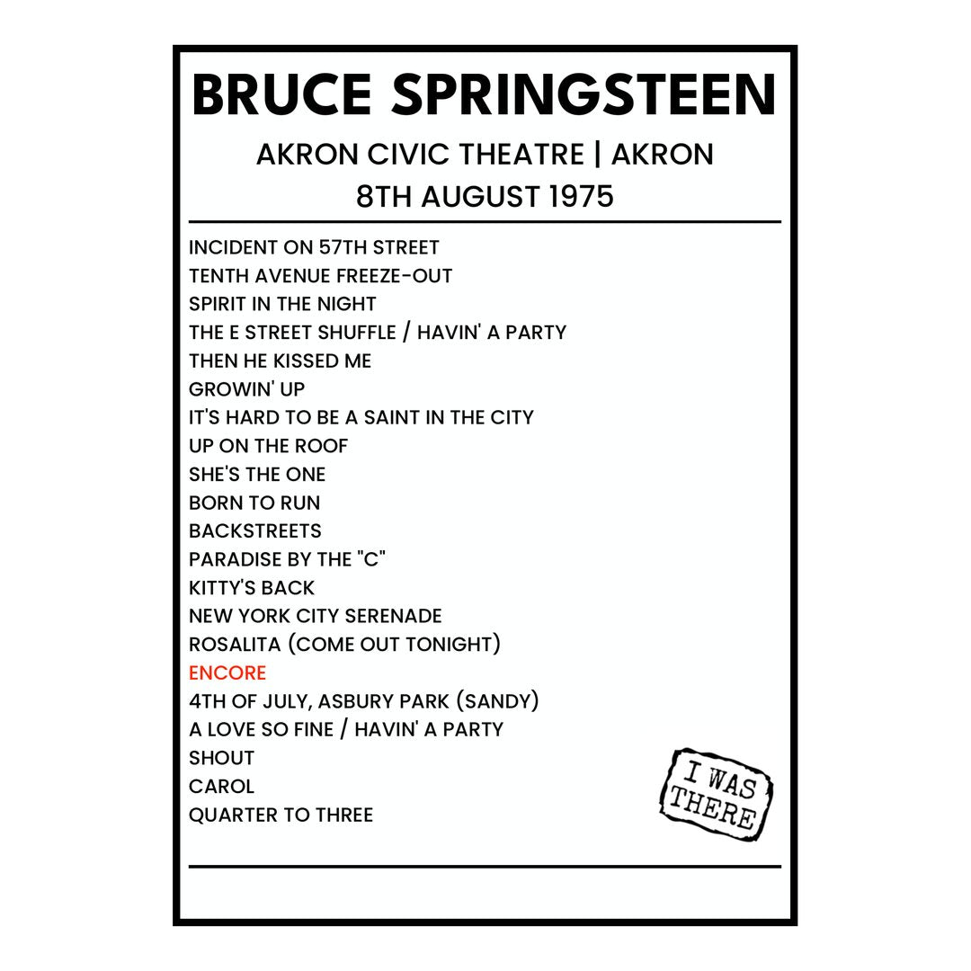 Bruce Springsteen Akron 8th August 1975 Setlist poster