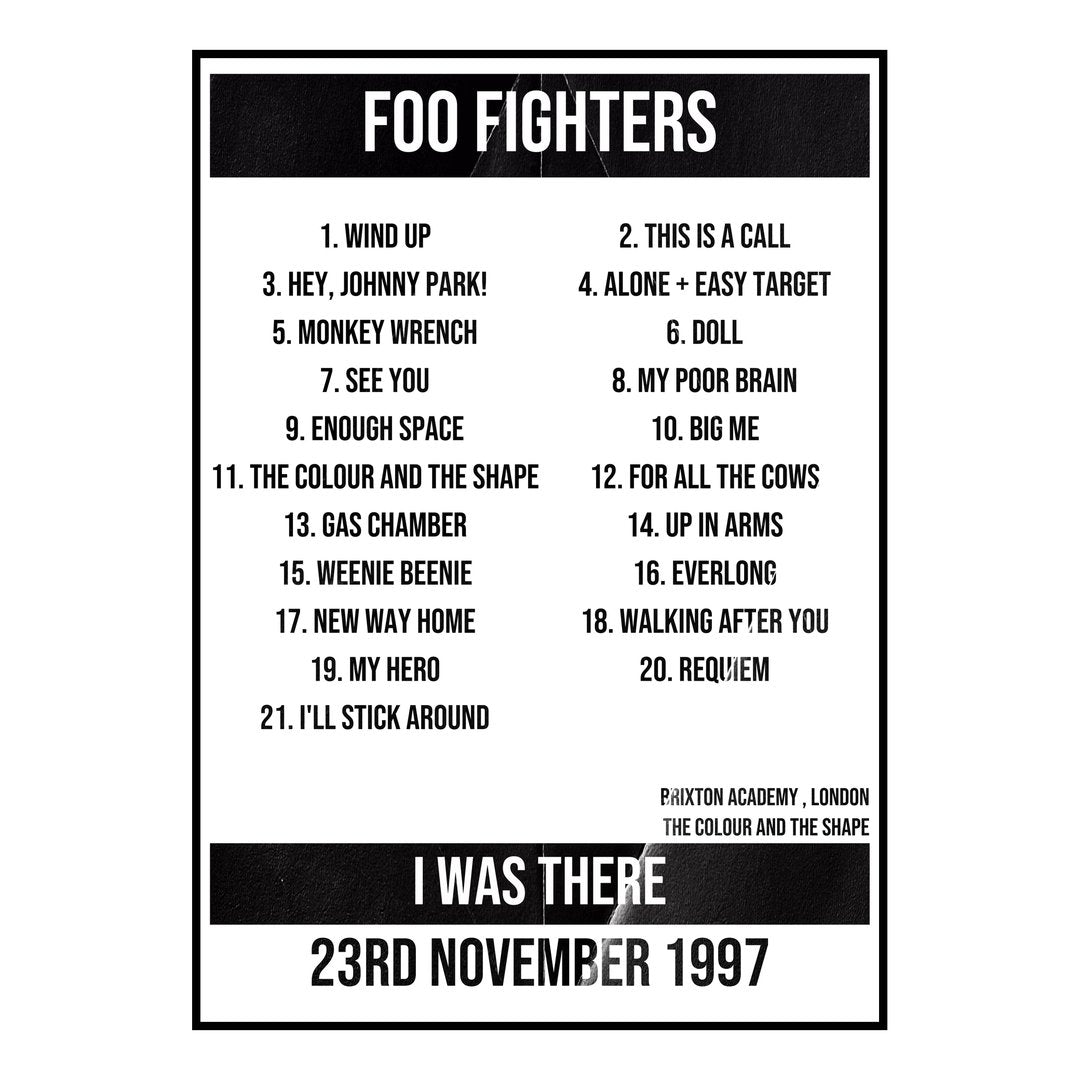 Foo Fighters London 23rd November 1997 Setlist poster
