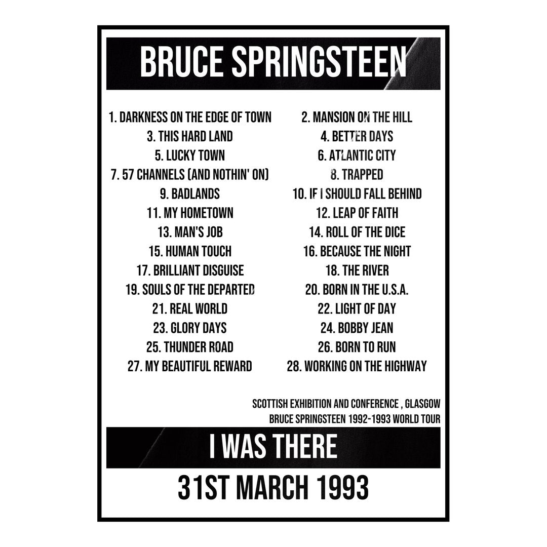Bruce Springsteen Glasgow 31st March 1993 Setlist poster