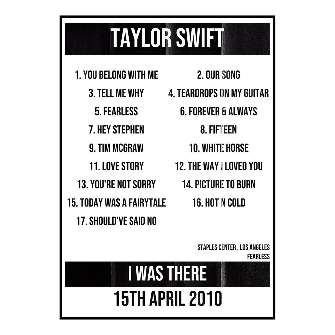 Taylor Swift Los Angeles 15th April 2010 Setlist poster