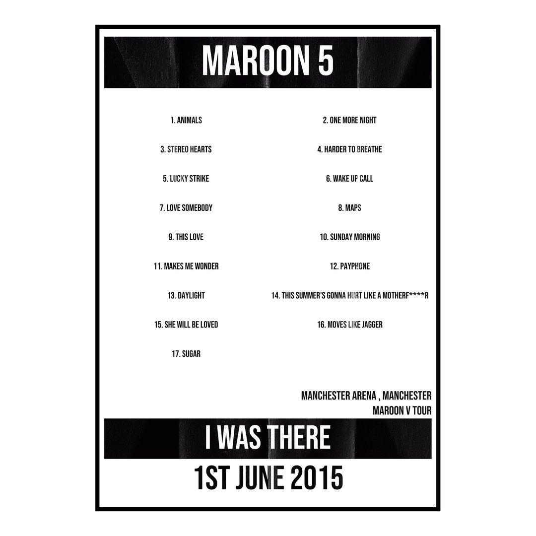 Maroon 5 Manchester 1st June 2015 Setlist poster