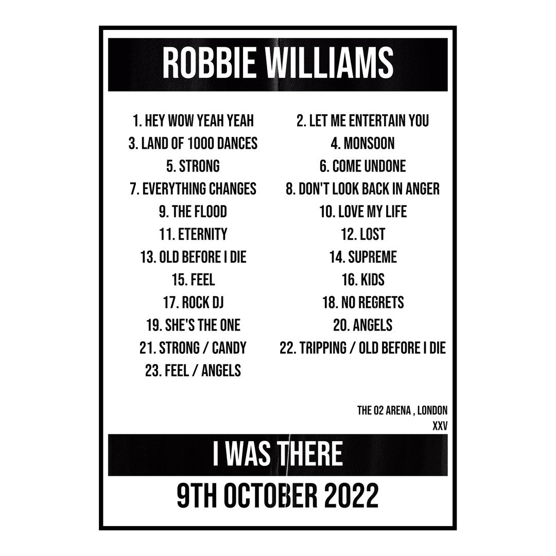 Robbie Williams London 9th October 2022 Setlist poster