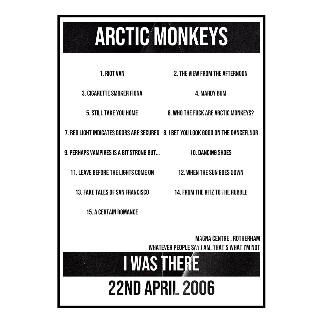 Arctic Monkeys Rotherham 22nd April 2006 Setlist poster