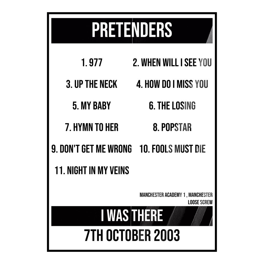 Pretenders Manchester 7th October 2003 Setlist poster