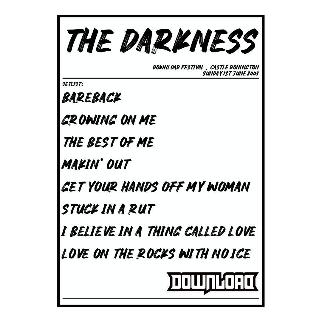 The Darkness Castle Donington 1st June 2003 Setlist poster