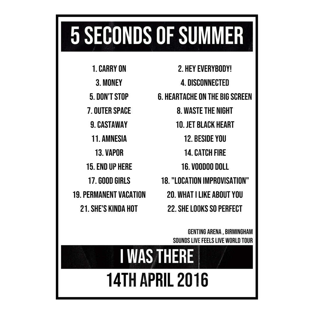 5 Seconds of Summer Birmingham 14th April 2016 Setlist poster