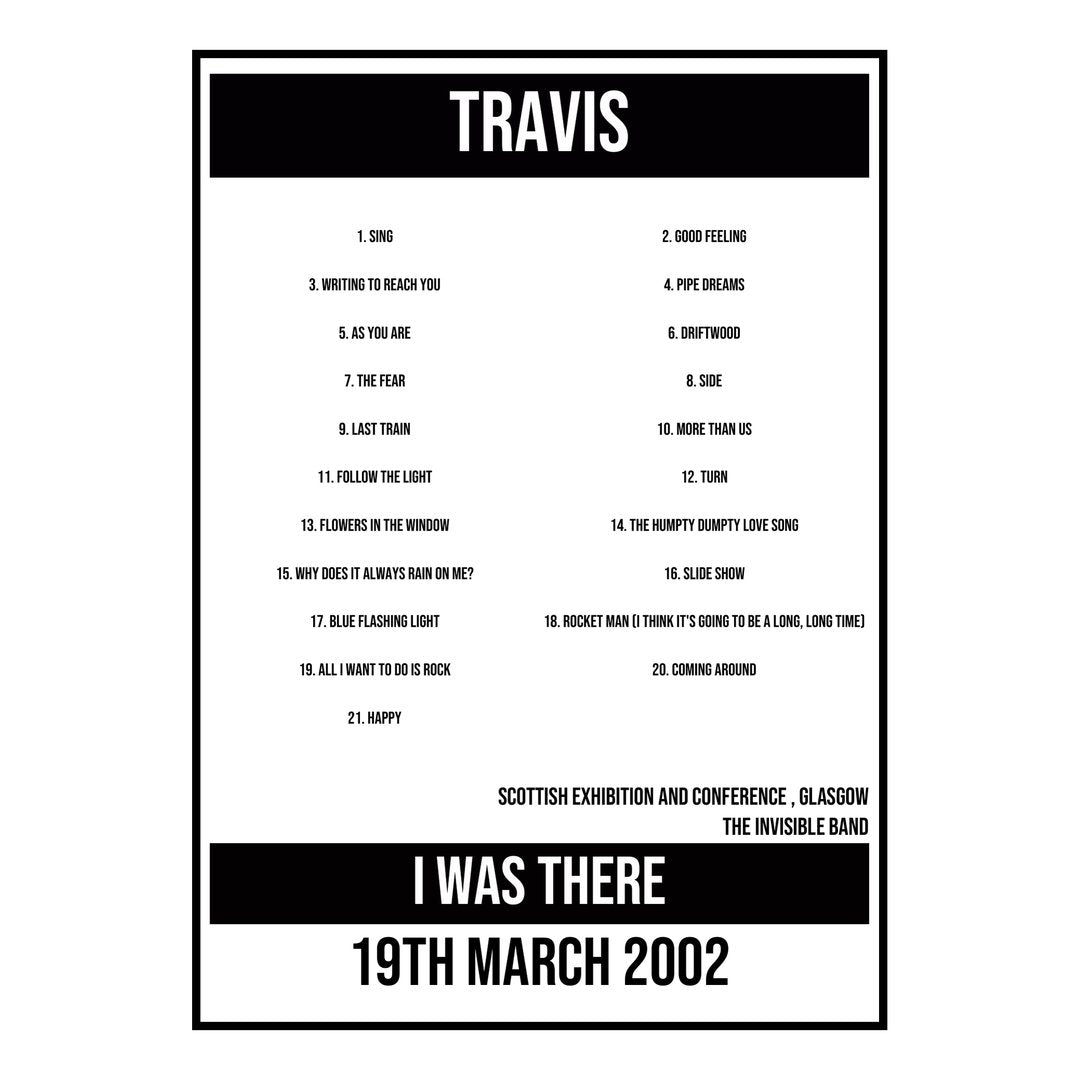 A Setlist Poster Featuring Travis Gig from Glasgow in 2002