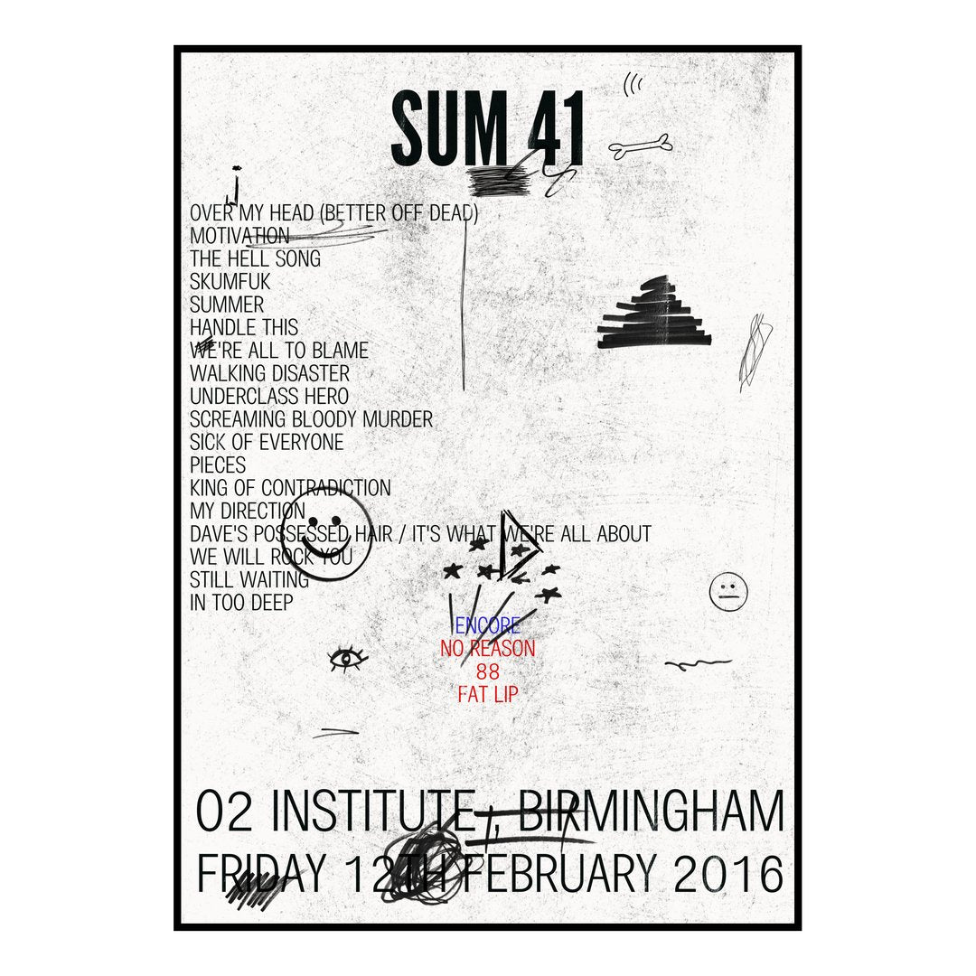 Sum 41 Birmingham 12th February 2016 Setlist poster