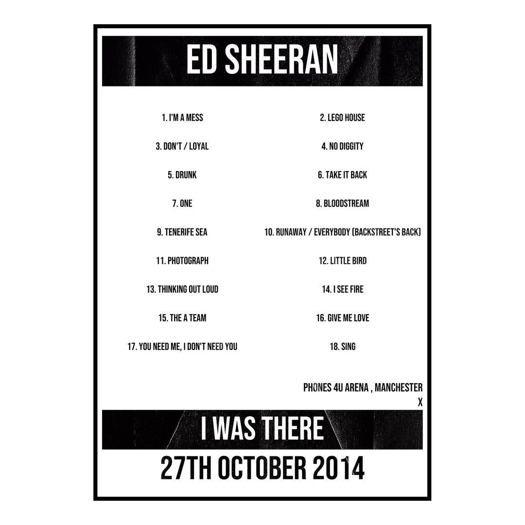 Ed Sheeran Manchester 27th October 2014 Setlist poster