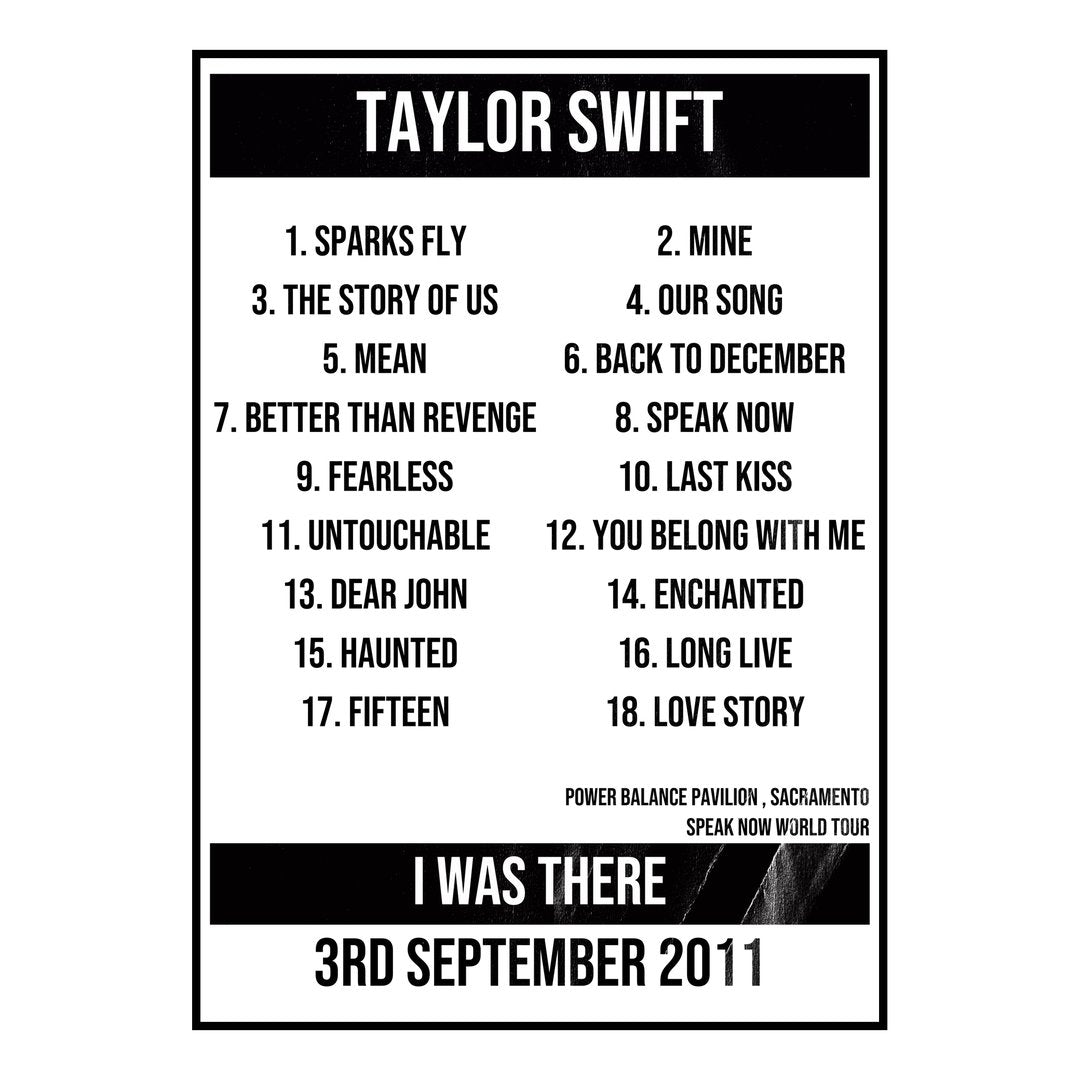 Taylor Swift Sacramento 3rd September 2011 Setlist poster