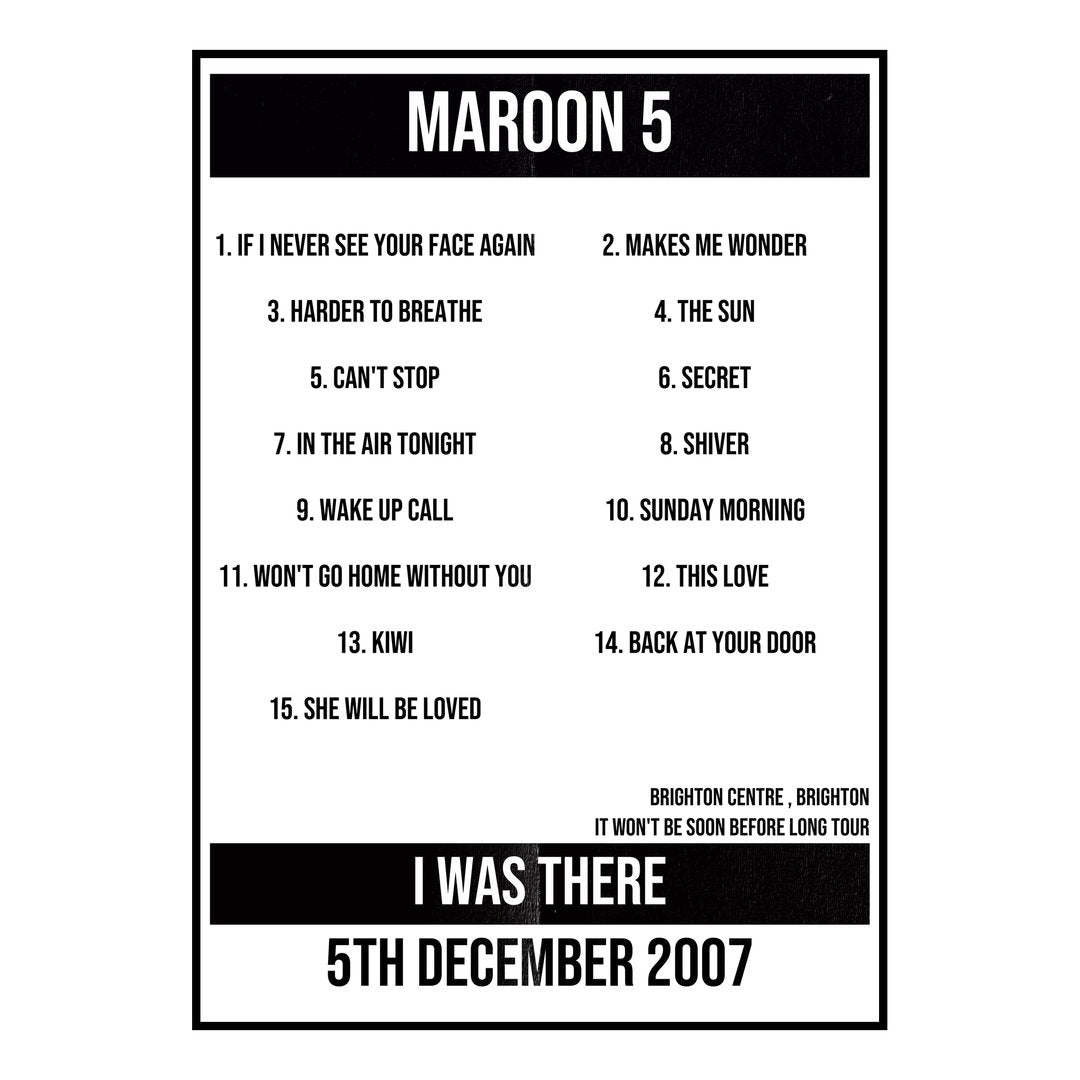 Maroon 5 Brighton 5th December 2007 Setlist poster