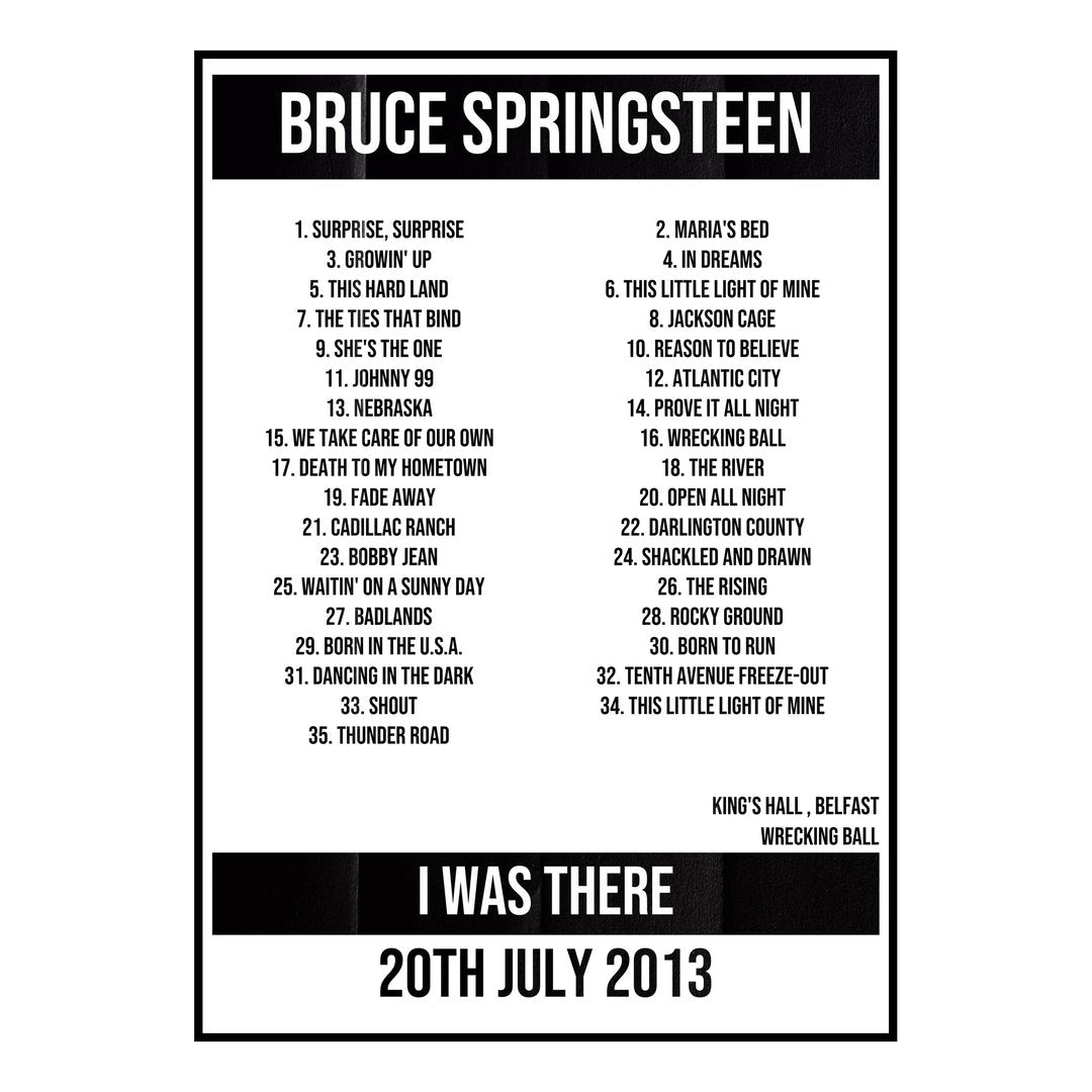 Bruce Springsteen Belfast 20th July 2013 Setlist poster