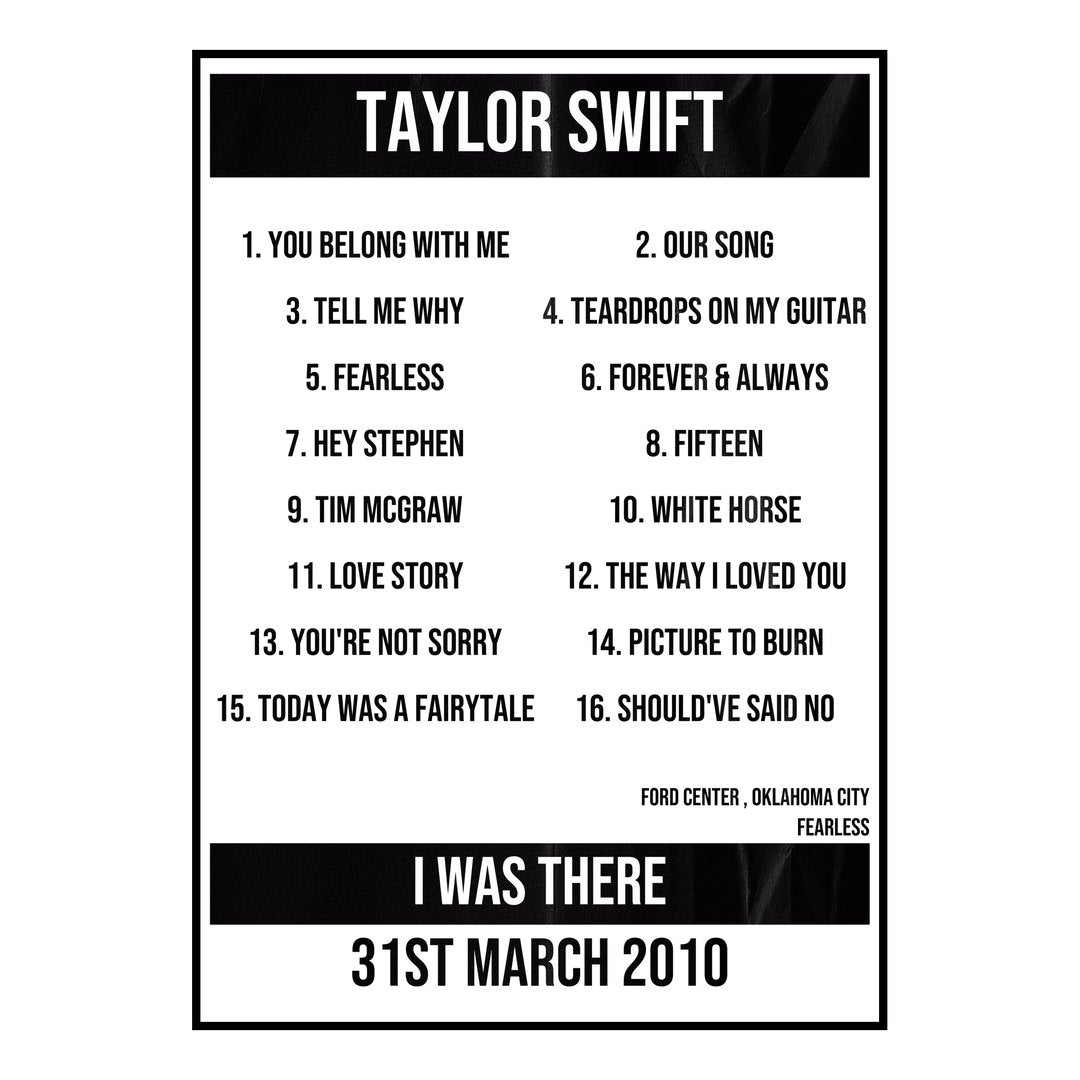 Taylor Swift Oklahoma City 31st March 2010 Setlist poster