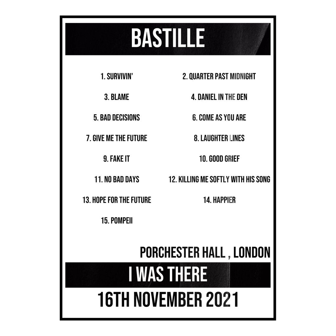 Bastille London 16th November 2021 Setlist poster