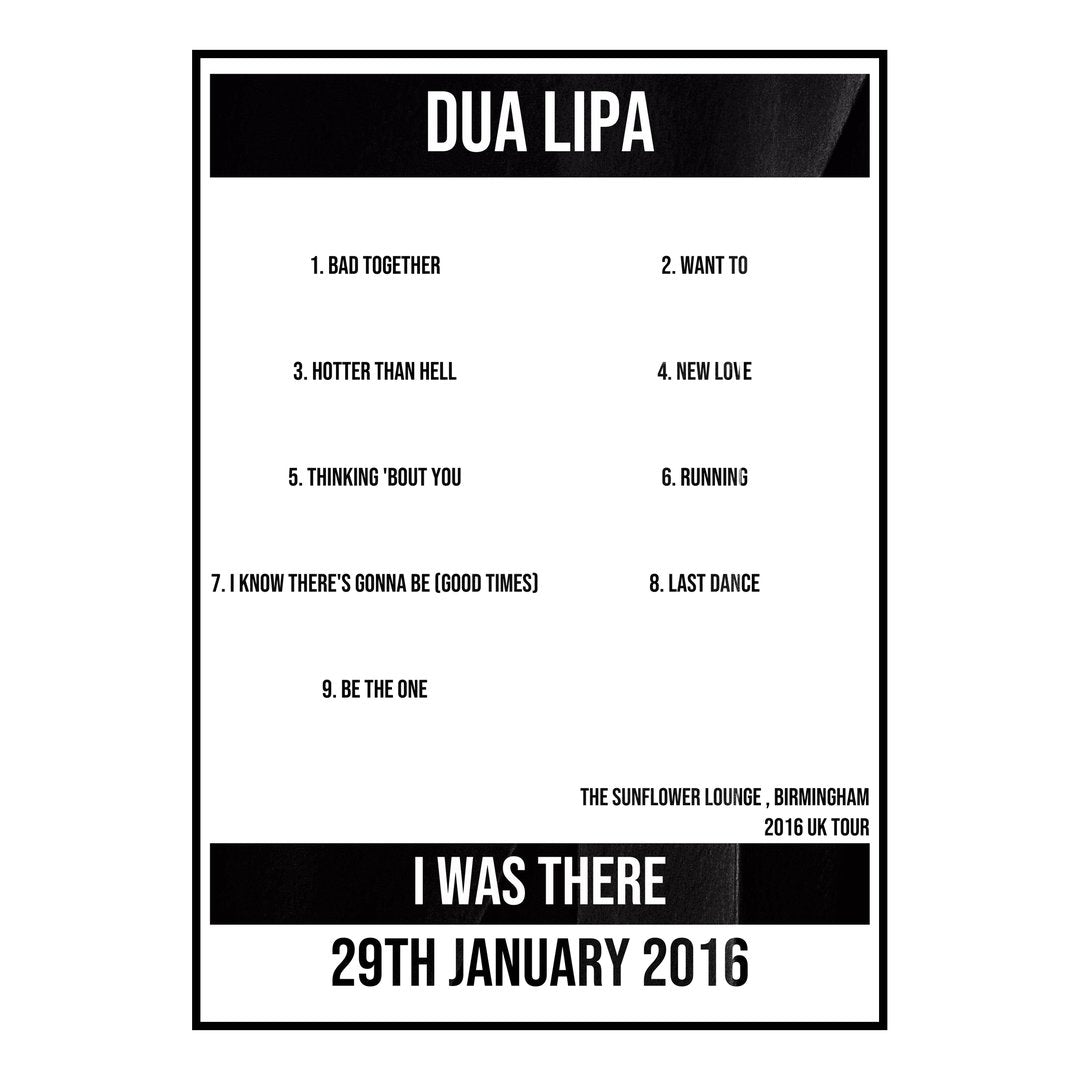 Dua Lipa Birmingham 29th January 2016 Setlist poster