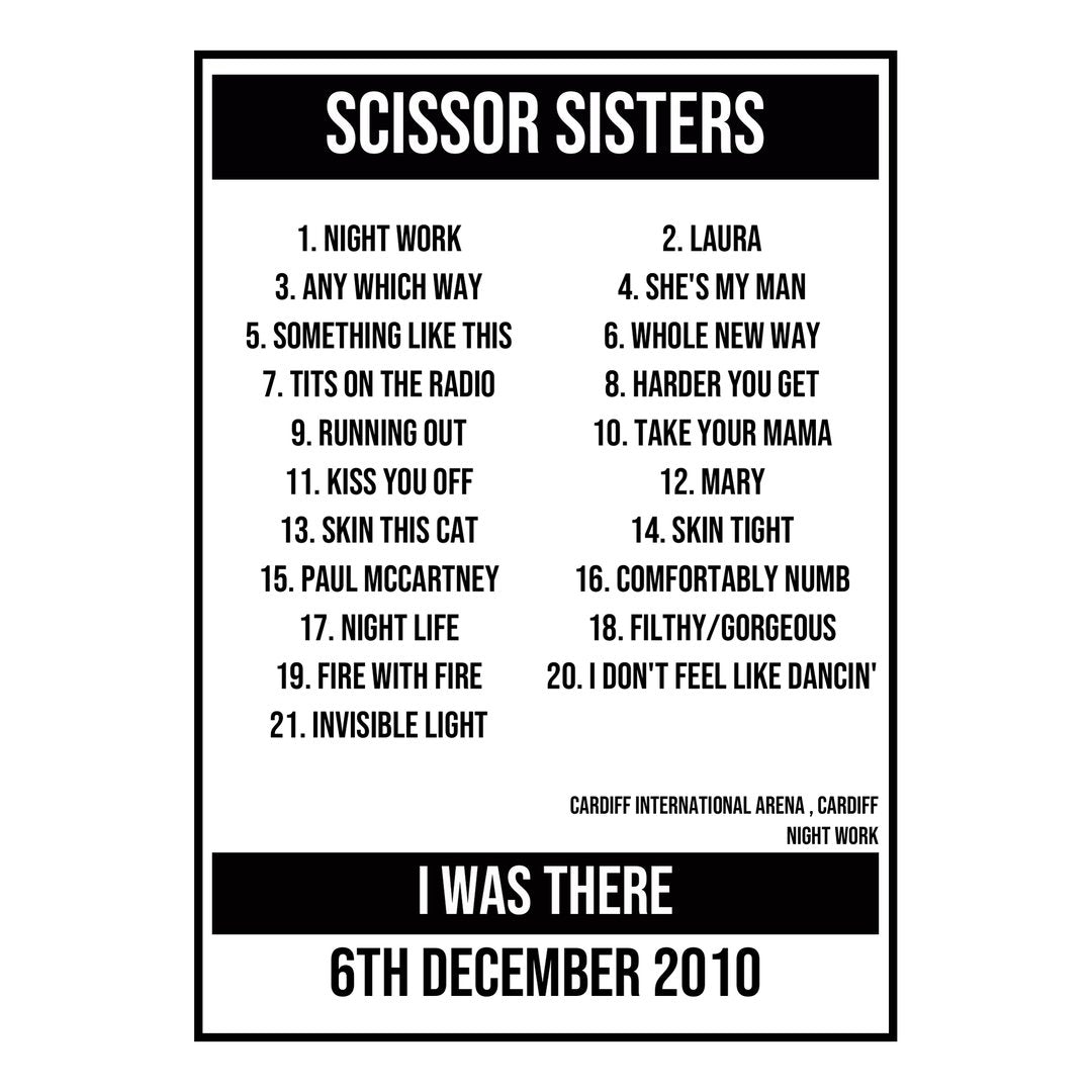 A Setlist Poster Featuring Scissor Sisters Gig from Cardiff in 2010