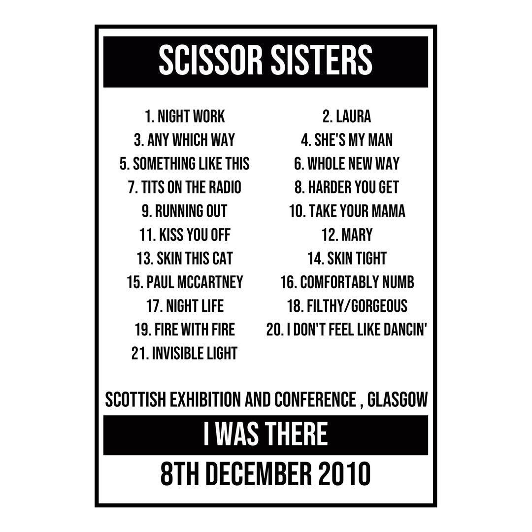 A Setlist Poster Featuring Scissor Sisters Gig from Glasgow in 2010