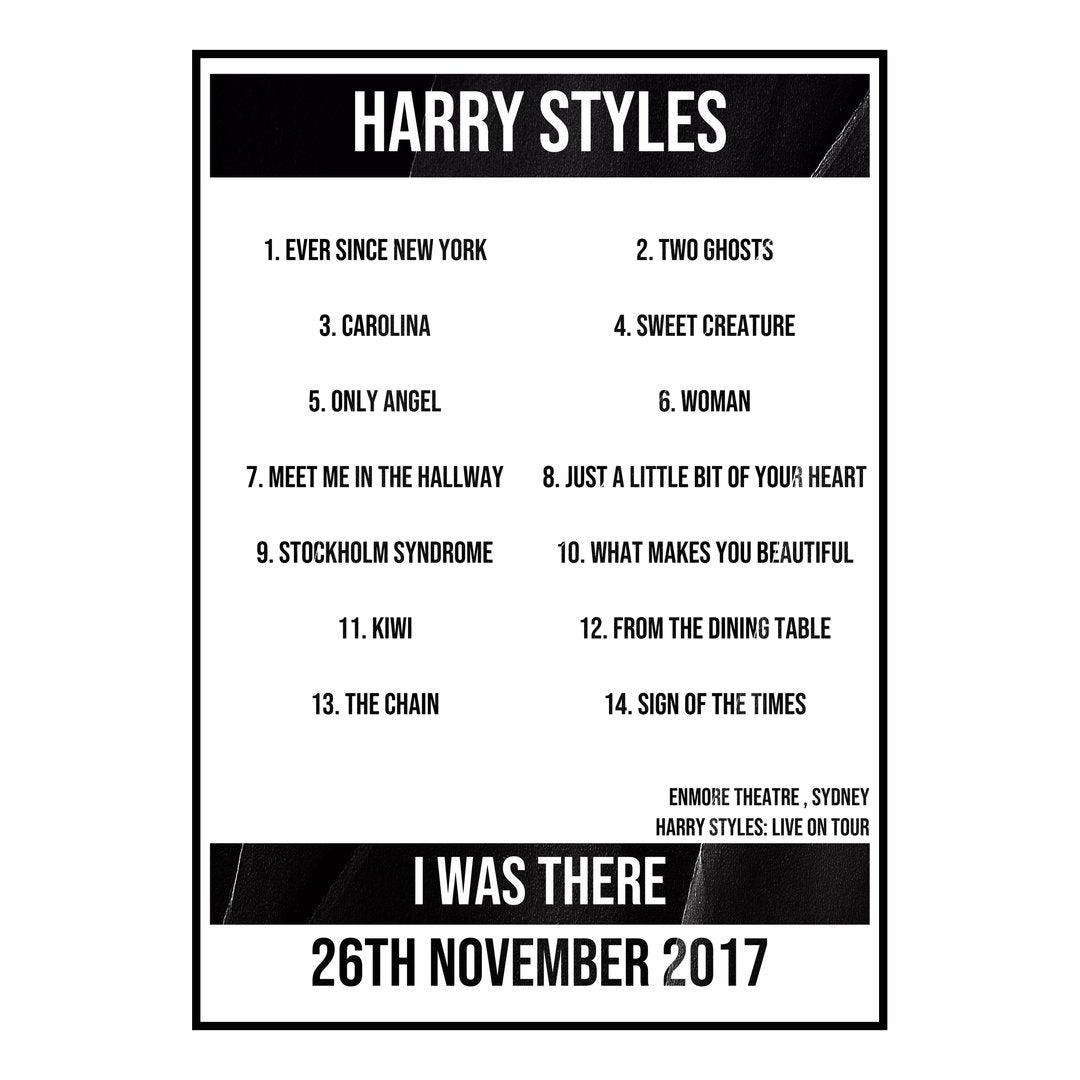 Harry Styles Sydney 26th November 2017 Setlist poster