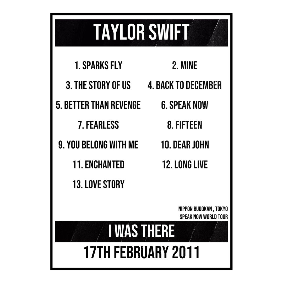 Taylor Swift Tokyo 17th February 2011 Setlist poster