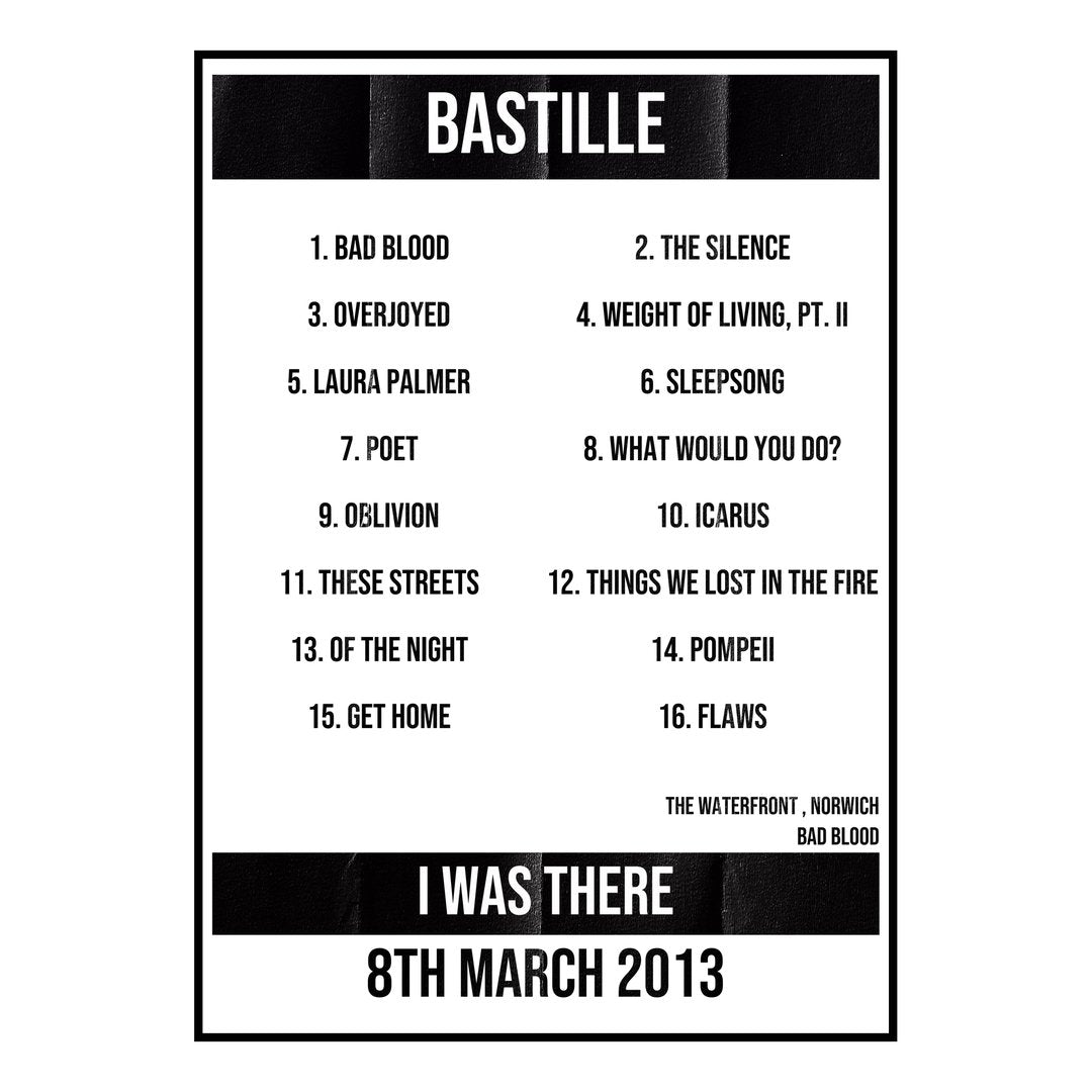 Bastille Norwich 8th March 2013 Setlist poster