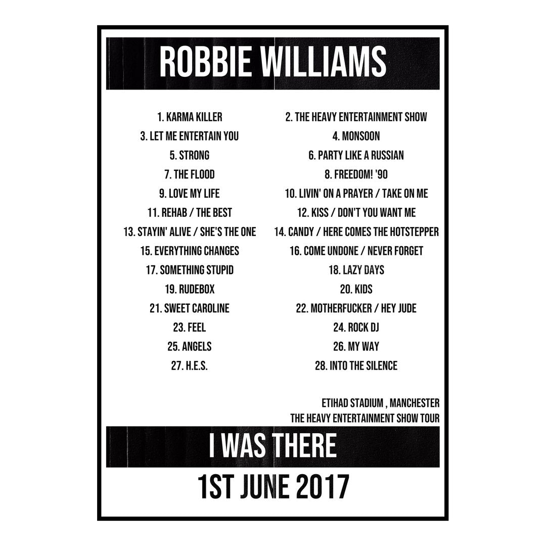 Robbie Williams Manchester 1st June 2017 Setlist poster