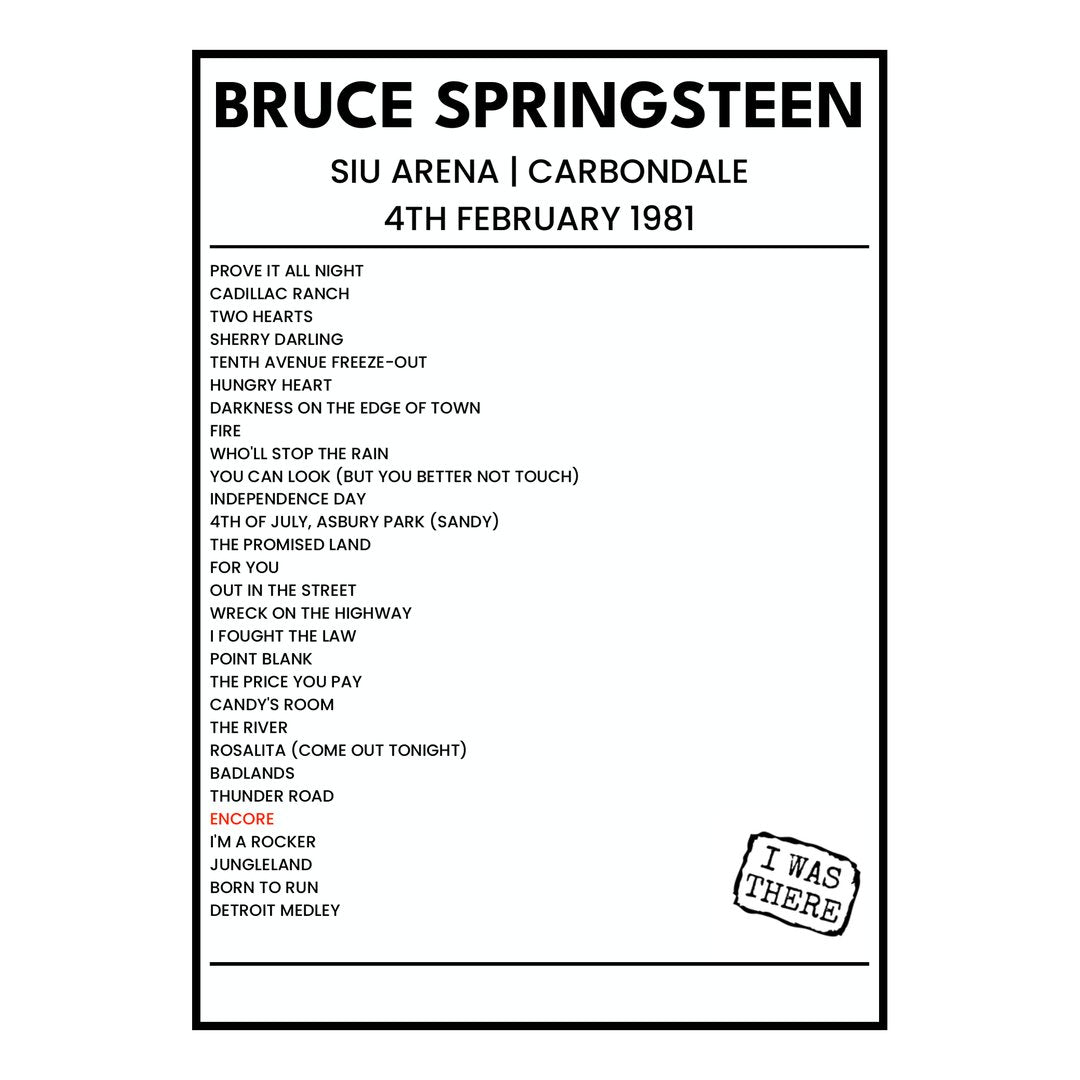 Bruce Springsteen Carbondale 4th February 1981 Setlist poster