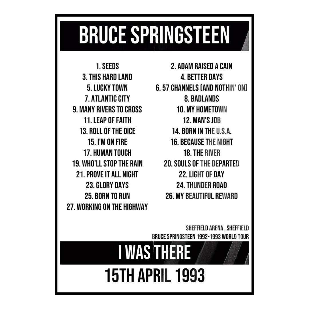 Bruce Springsteen Sheffield 15th April 1993 Setlist poster