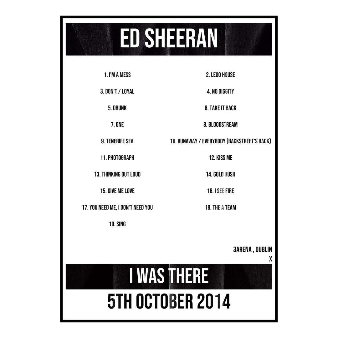 Ed Sheeran Dublin 5th October 2014 Setlist poster