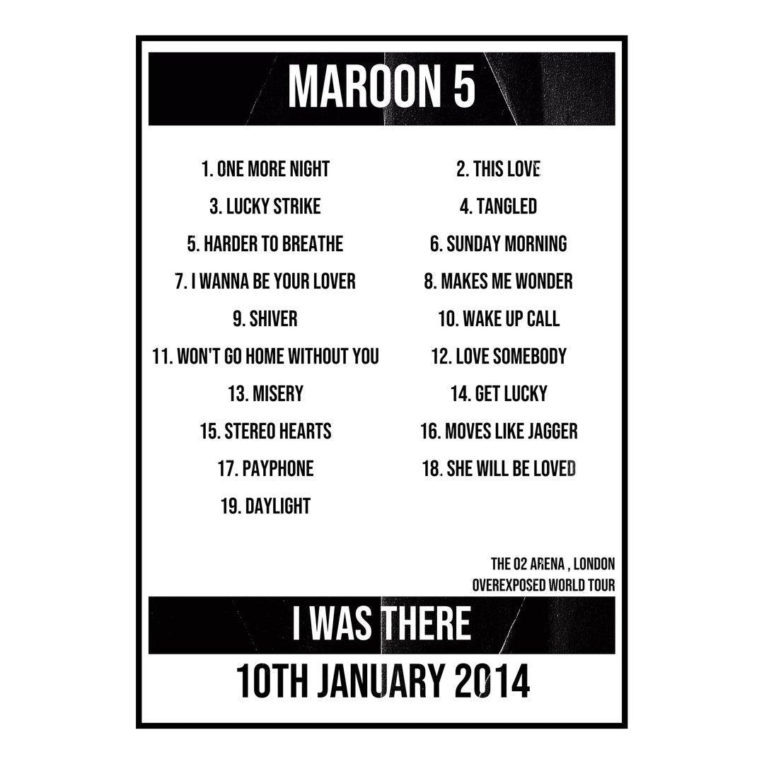 Maroon 5 London 10th January 2014 Setlist poster