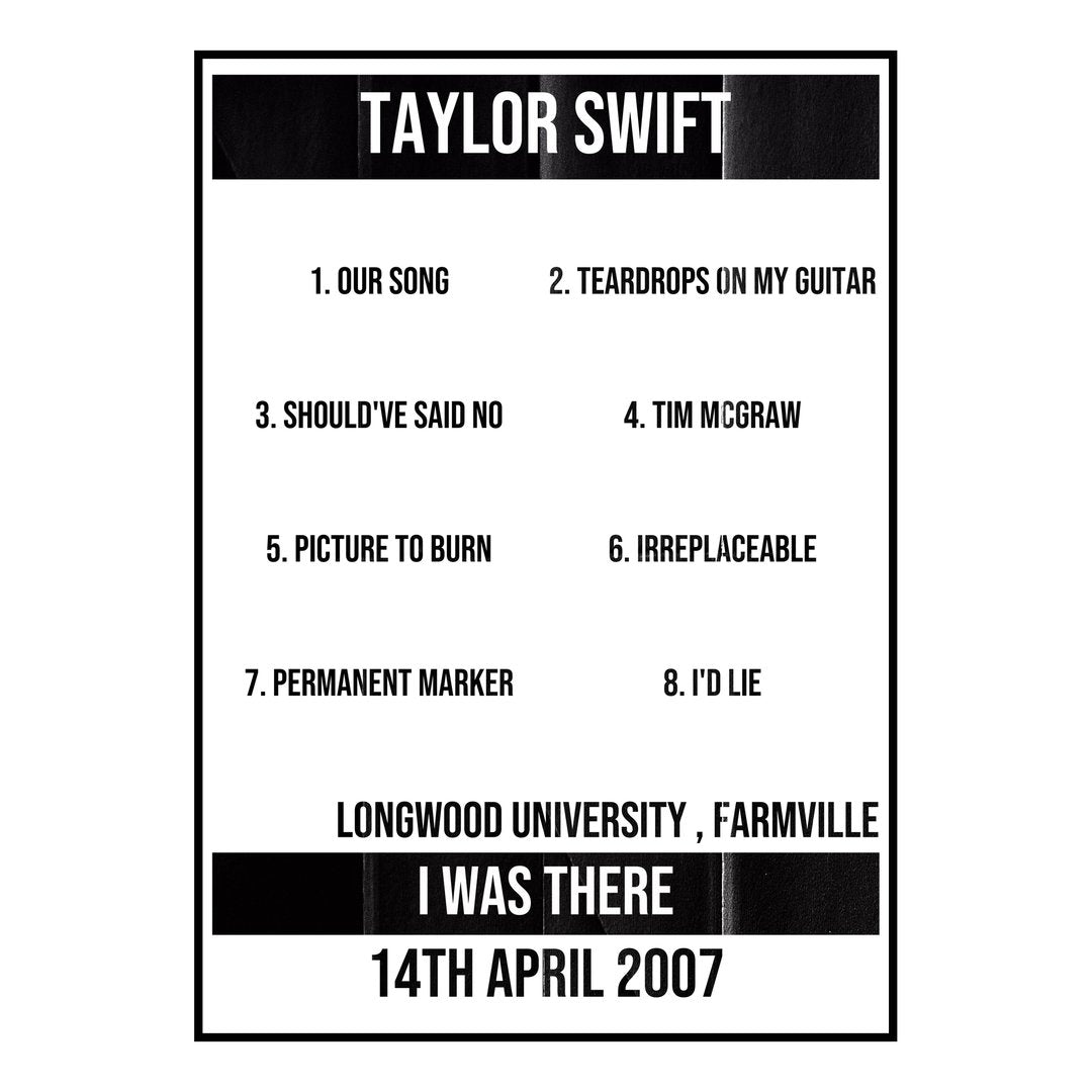 Taylor Swift Farmville 14th April 2007 Setlist poster