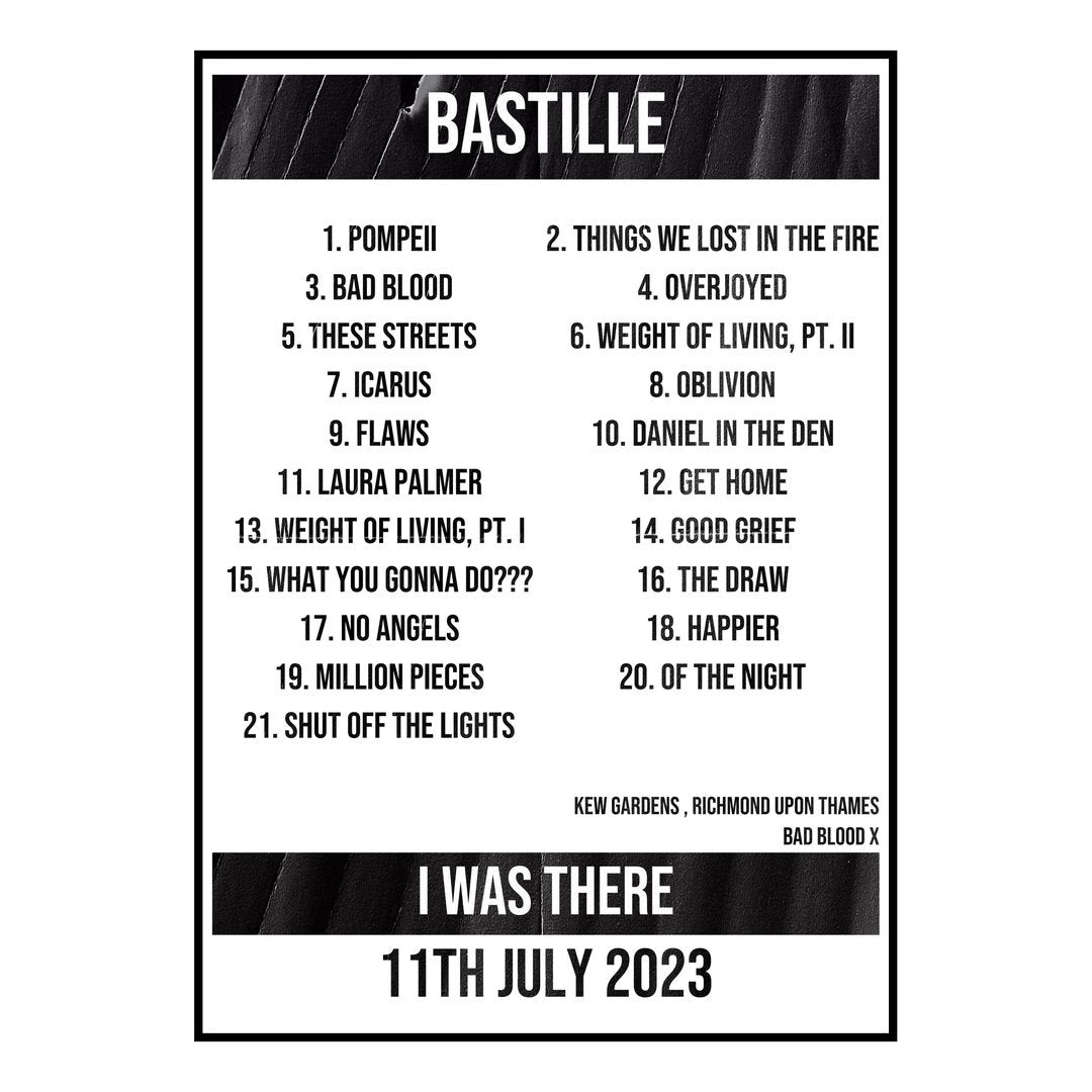 Bastille Richmond upon Thames 11th July 2023 Setlist poster