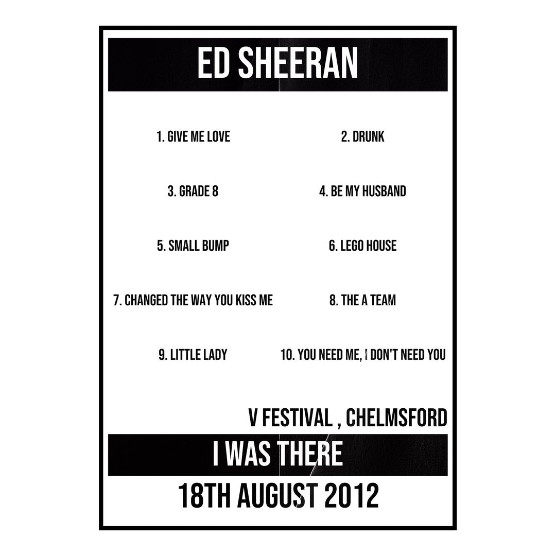 Ed Sheeran Chelmsford 18th August 2012 Setlist poster