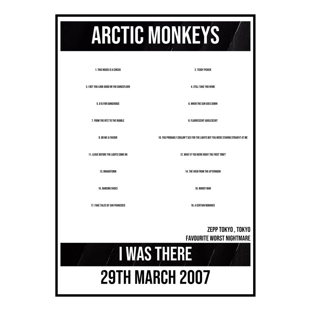 Arctic Monkeys Tokyo 29th March 2007 Setlist poster