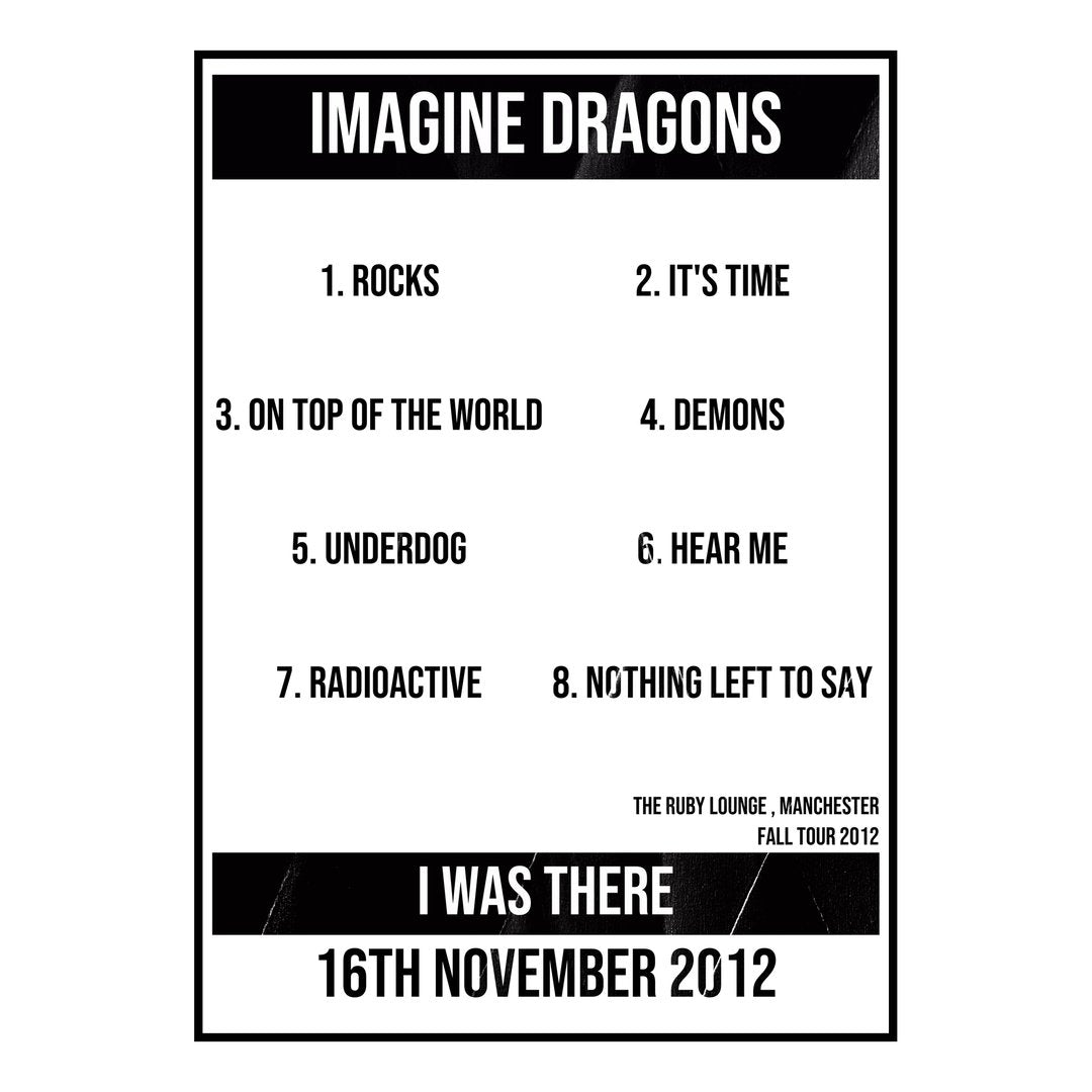 Imagine Dragons Manchester 16th November 2012 Setlist poster