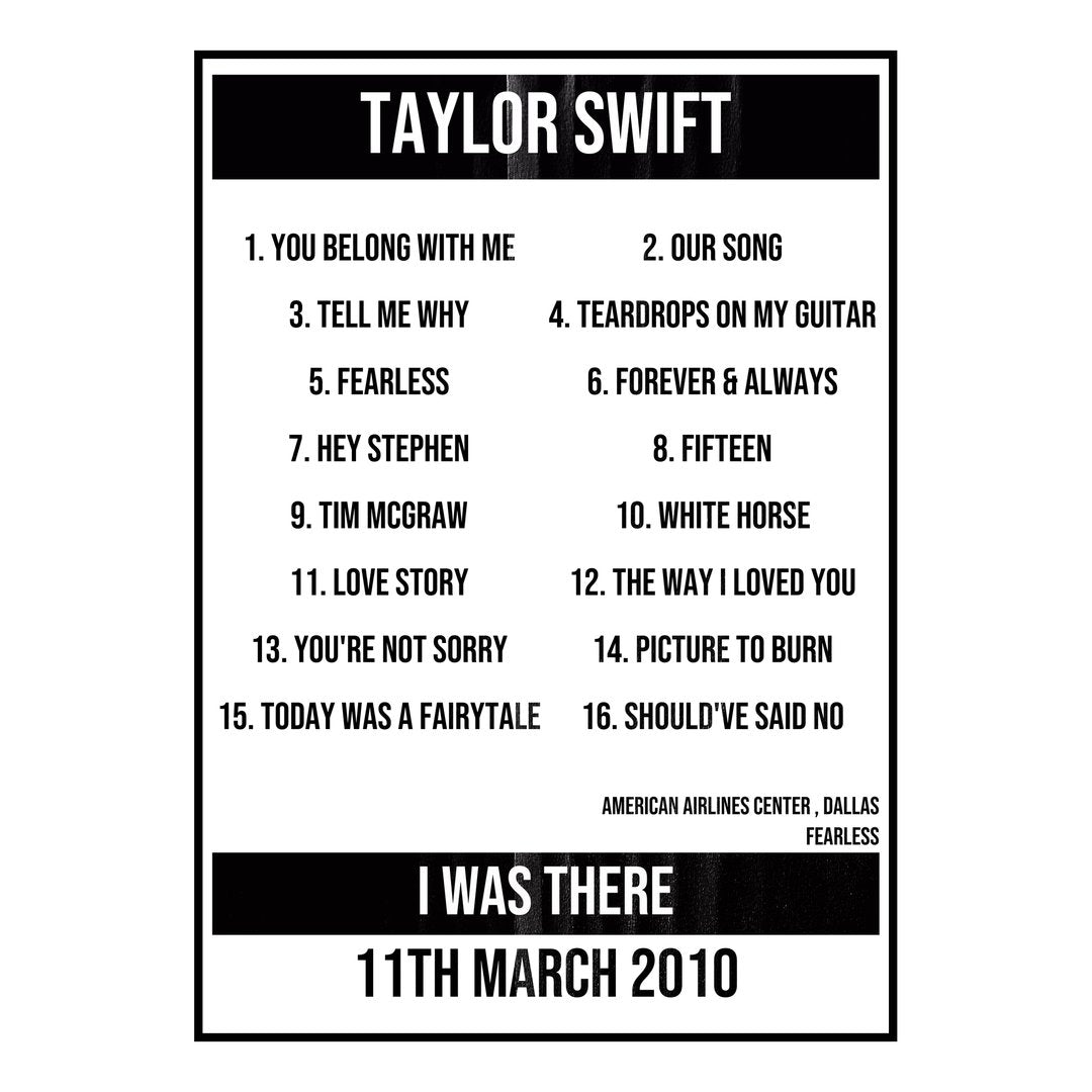 Taylor Swift Dallas 11th March 2010 Setlist poster