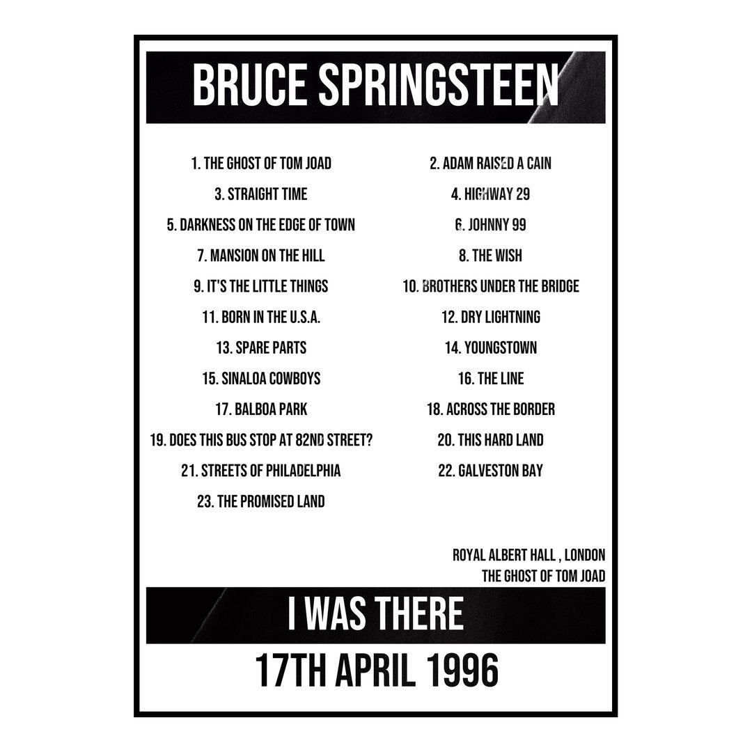 Bruce Springsteen London 17th April 1996 Setlist poster