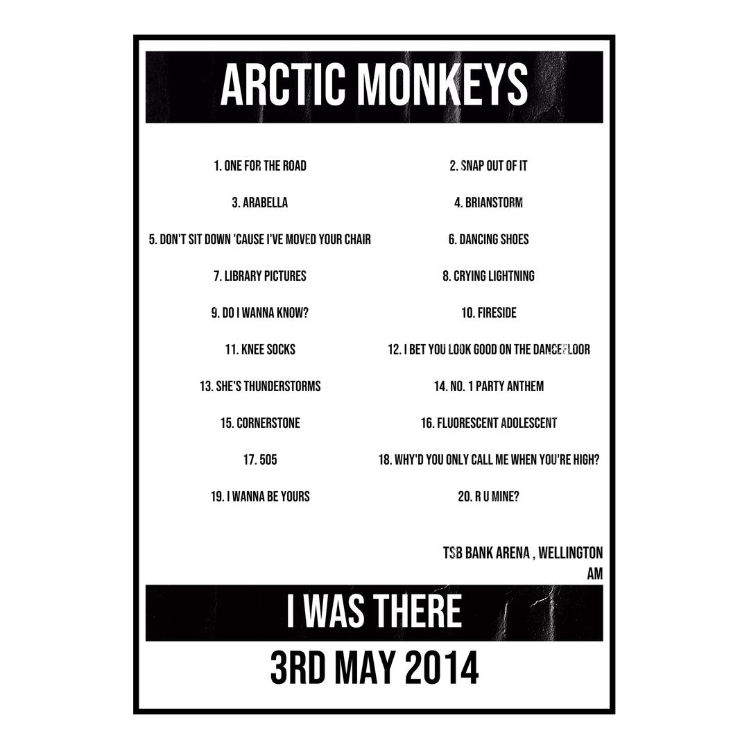 Arctic Monkeys Wellington 3rd May 2014 Setlist poster