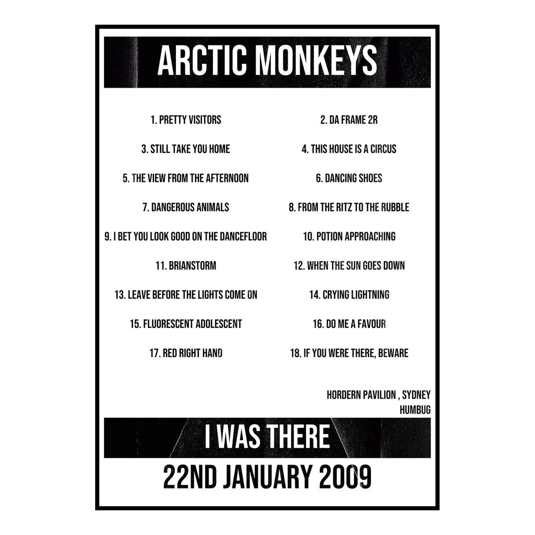 Arctic Monkeys Sydney 22nd January 2009 Setlist poster